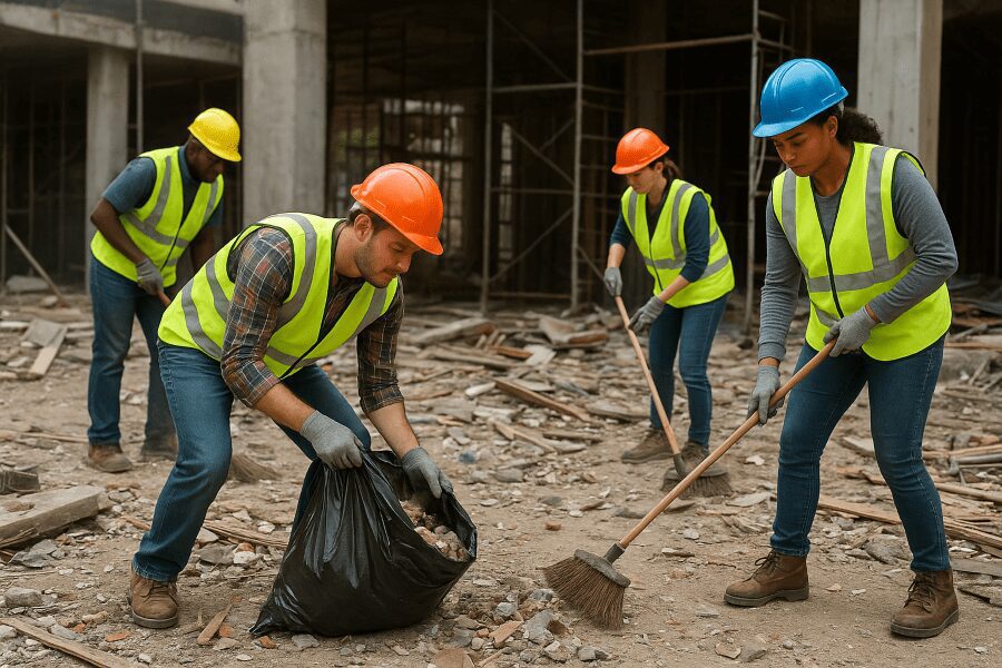 construction cleaning services showing a group of people with hard hats on in different colors of orange, blue, and yellow , with reflective vests on picking up construction rubble and trash