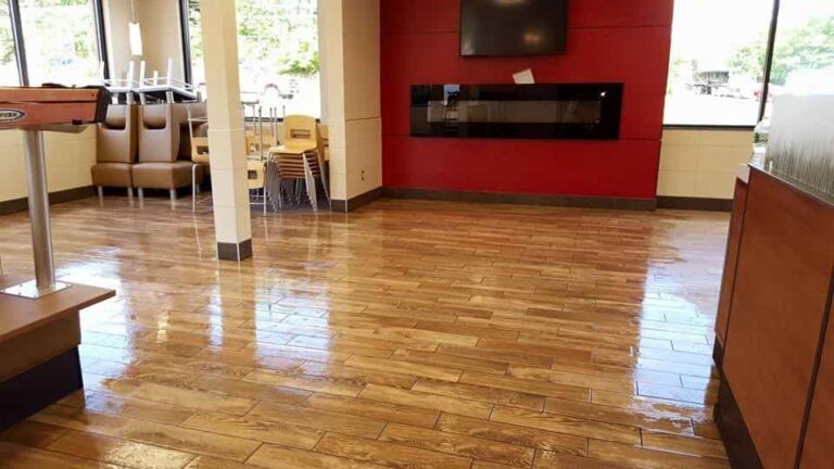 Inside a Fast food restaurant cleaned eating area photo